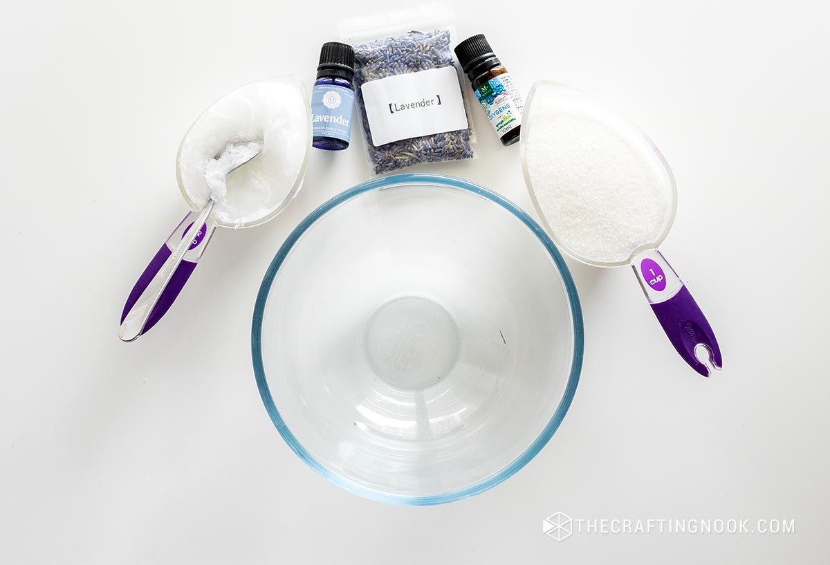 all the ingredients and suuplies neede to make the Eucalyptus Lavender Sugar Scrub Recipe