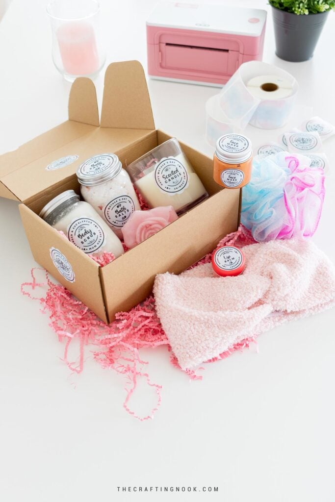 Relaxing DIY Spa Kit in a cute box include bath salts, sugar scrub, face mask, lip balm, scented candles, spong and a headband. for Mother's Day Featured image