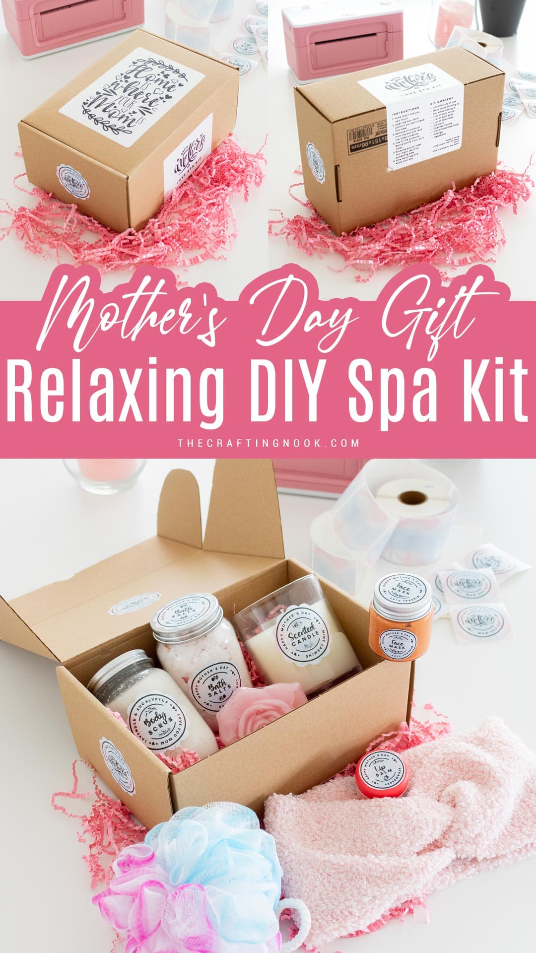 Relaxing DIY Spa Kit in a cute box include bath salts, sugar scrub, face mask, lip balm, scented candles, sponge and a headband. for Mother's Day Pinterest image with title text overlay