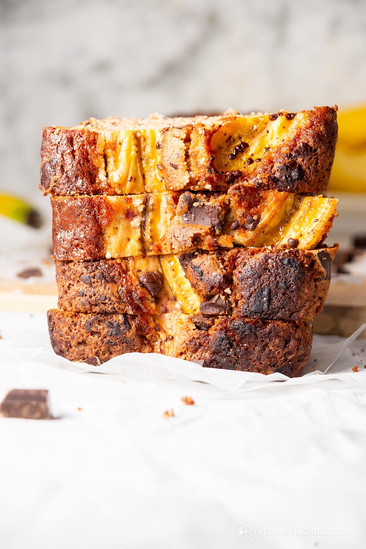 Chocolate Chunk Banana Bread Recipe Without Butter slicen and piled up