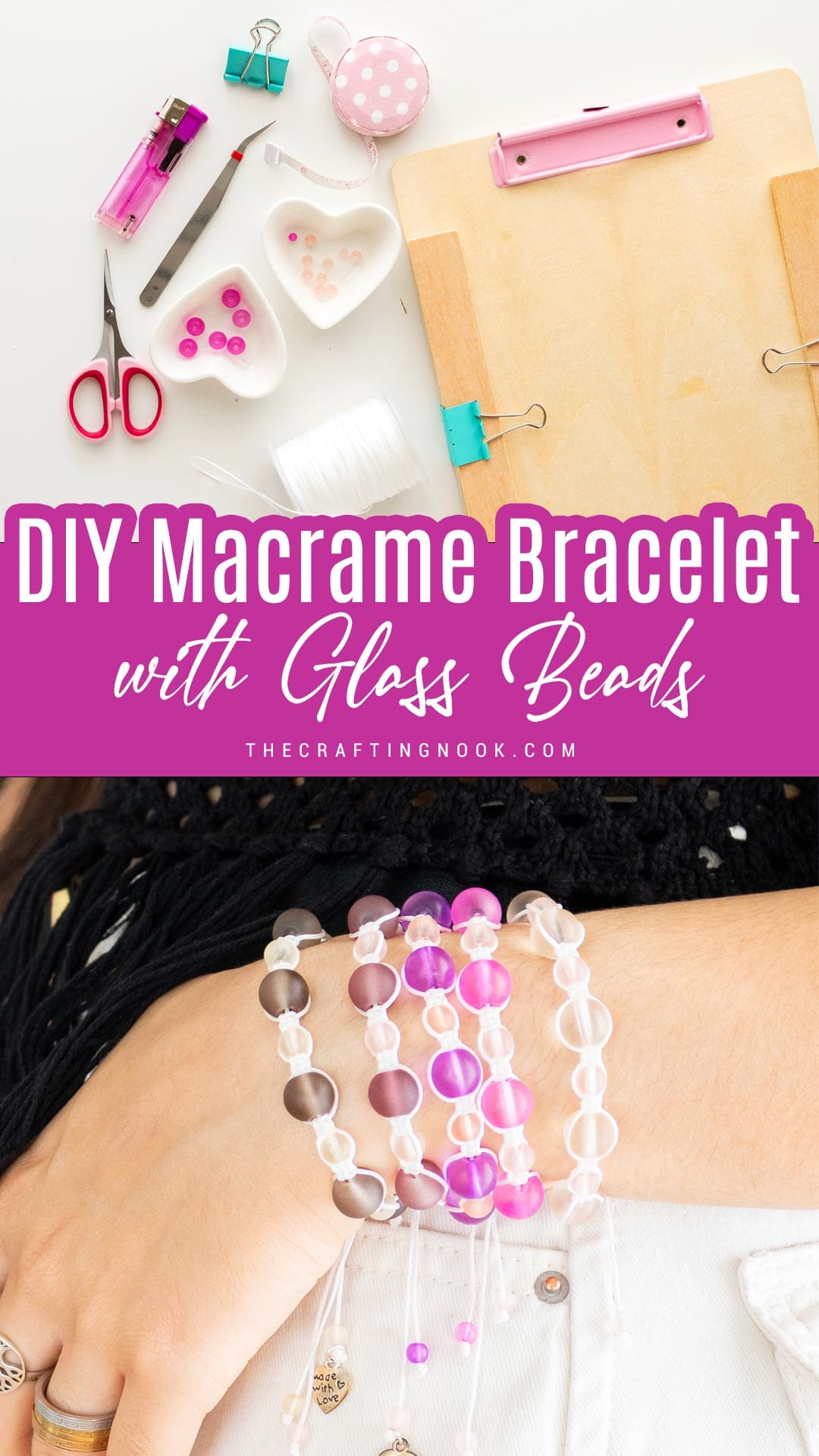 DIY macrame bracelet with beads being weorn on a wrist. Pinterest image with title tex overlay