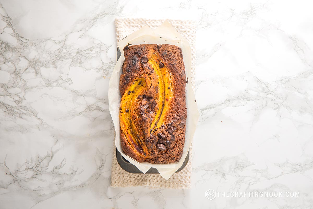 Chocolate Chunk Banana Bread Recipe  right out of the oven