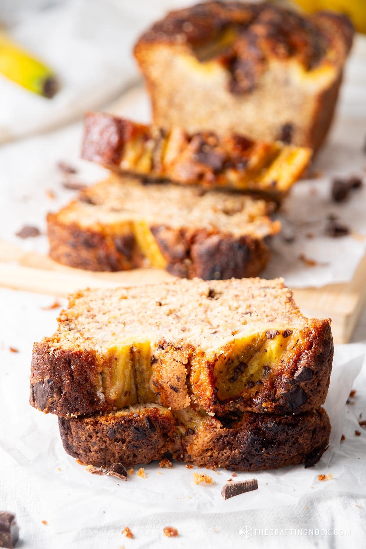 Close up of the Chocolate Chunk Banana Bread Recipe sliced