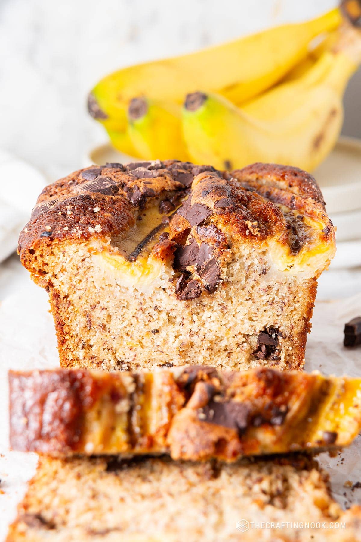 close up of the Chocolate Chunk Banana Bread Recipe loaf