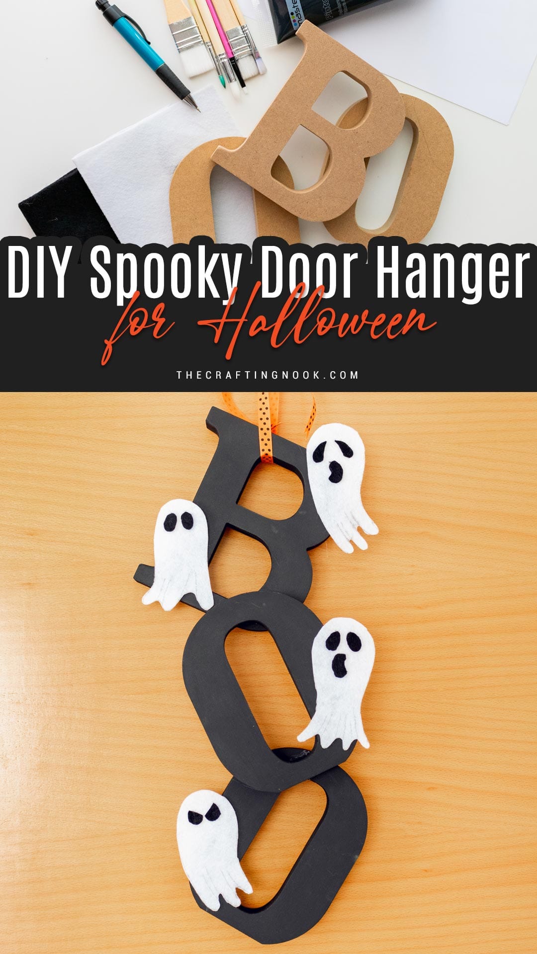 DIY Halloween Door Hanger hanging on the door. Pinterest image with title text overlay