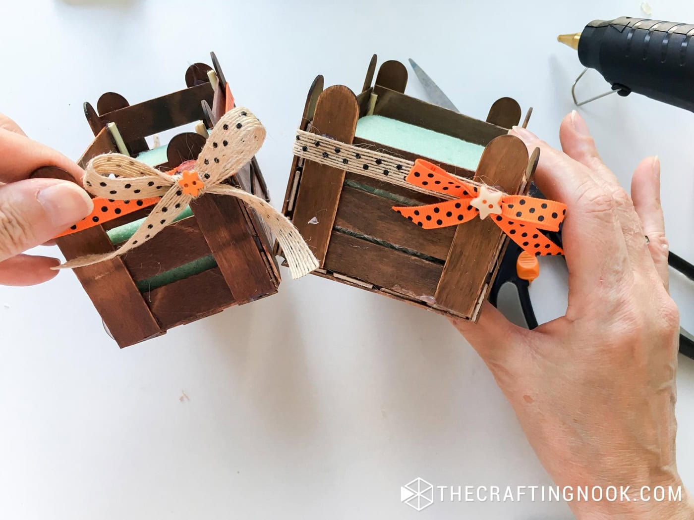 Variations of the View of the side corner of the Popsicle Sticks Crate decorated with cute ribbons