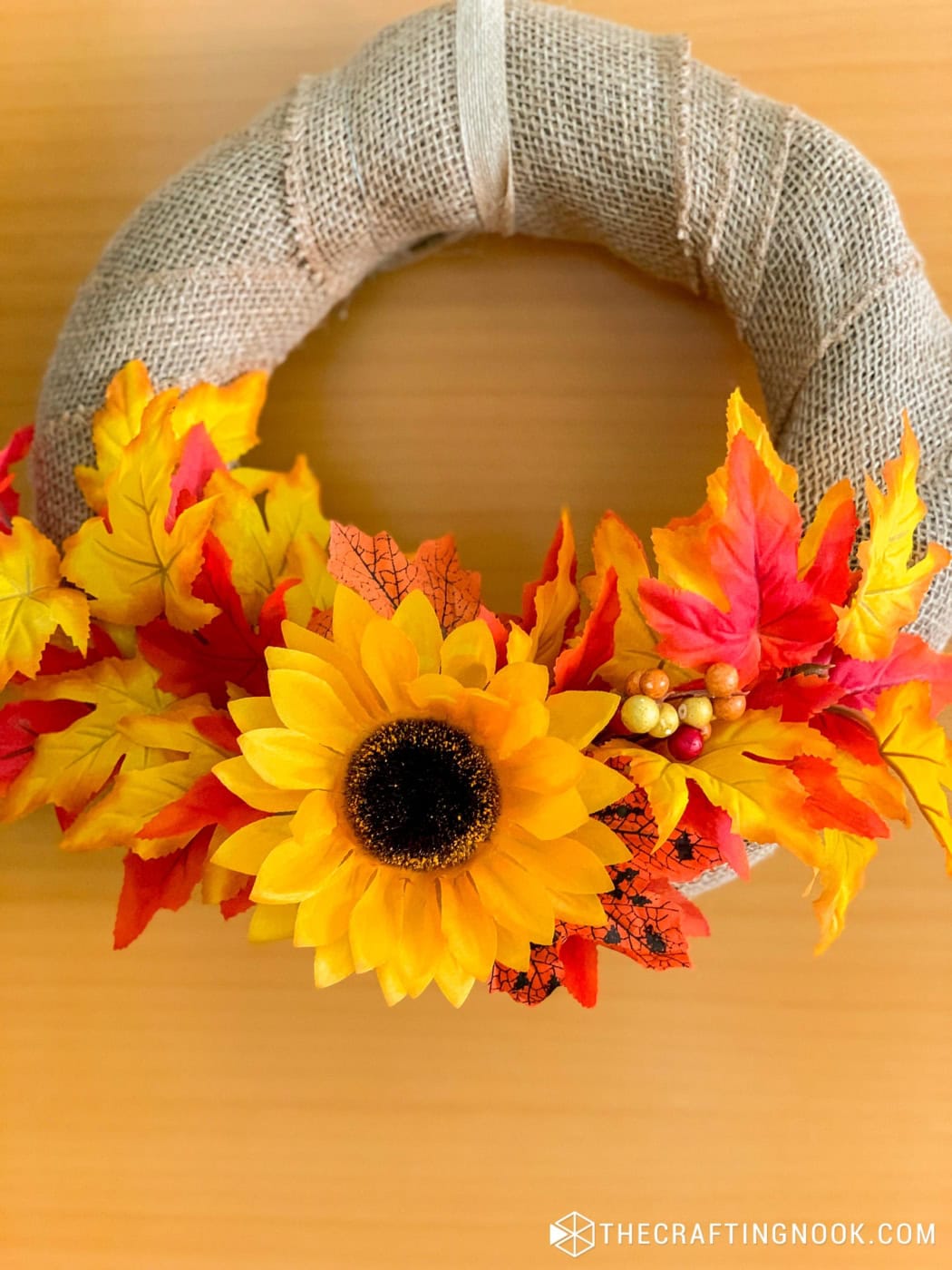 Closeup of the DIY Burlap Wreath for Fall on the door