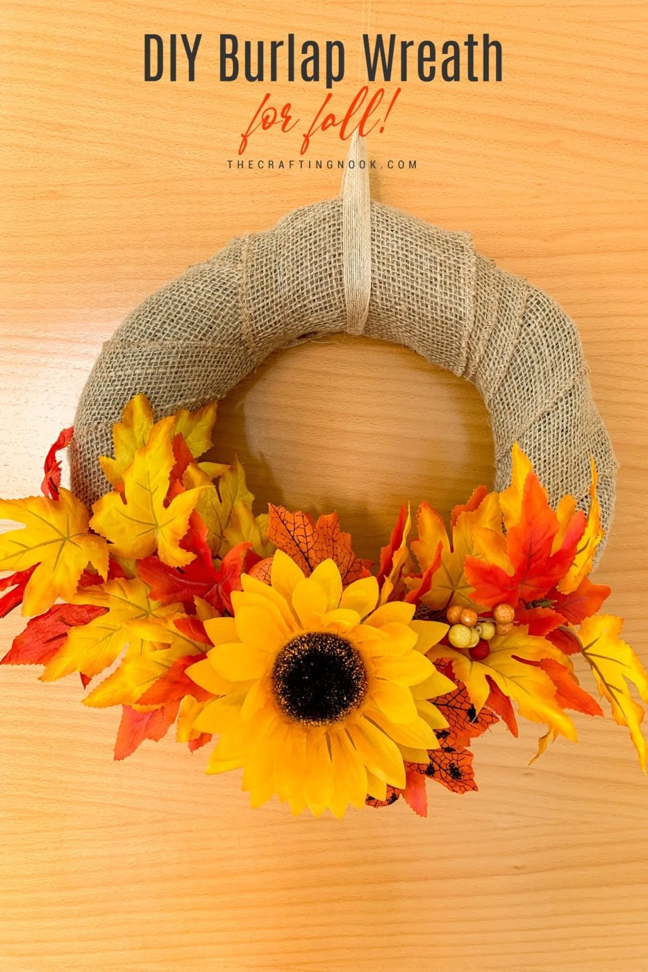 DIY Burlap Wreath for Fall hanging on the door. Feature image with Title text overlay