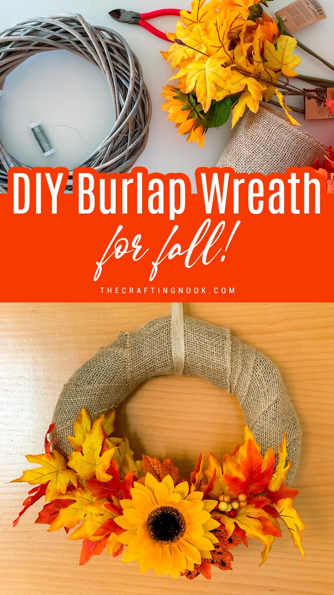 DIY Burlap Wreath for Fall hanging on the door. Pinterest image with Title text overlay