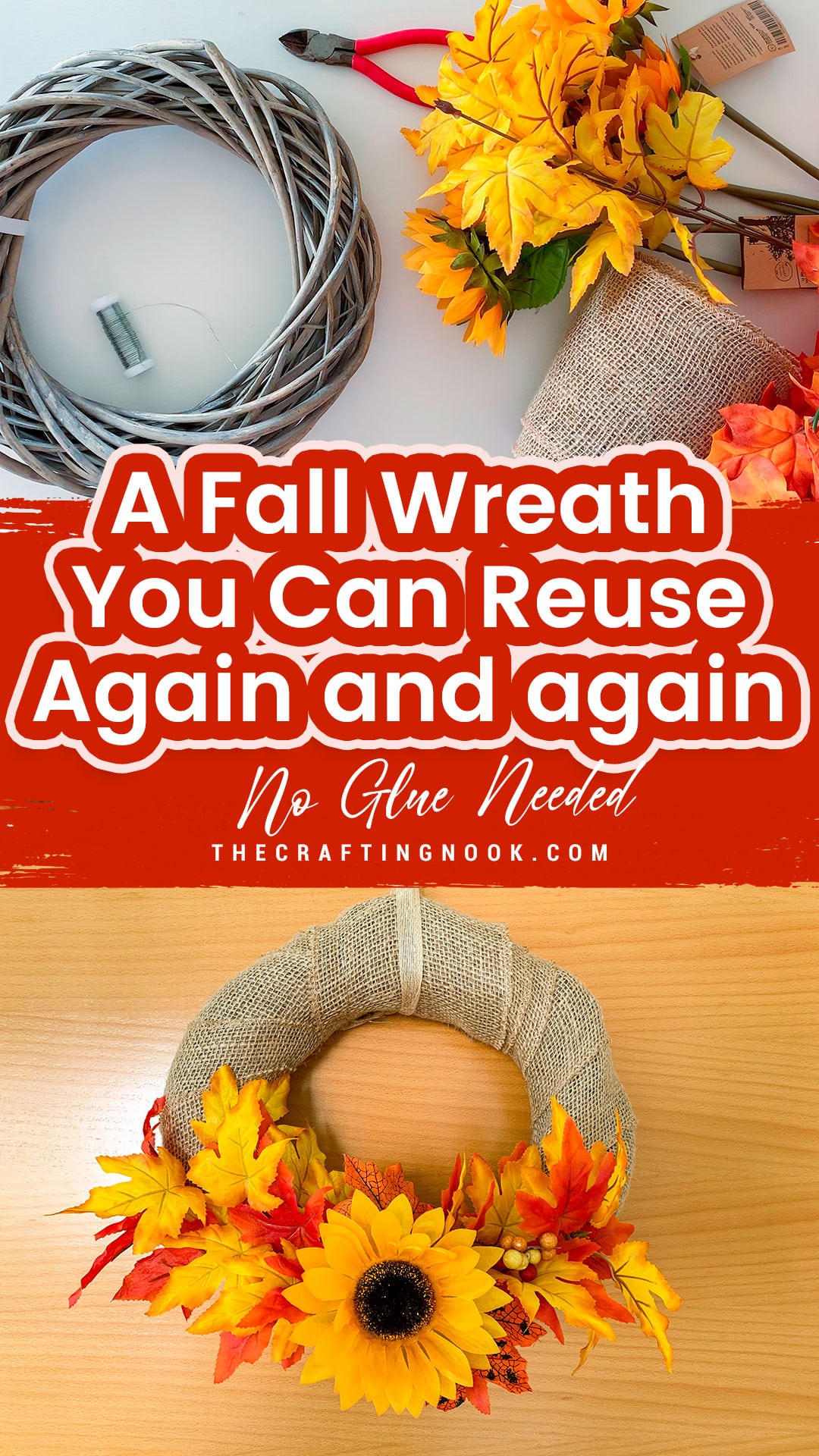 Fall burlap wreath with sunflowers and autumn leaves for fall decor.