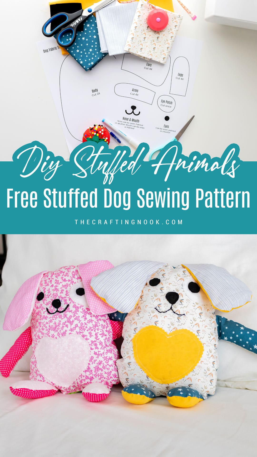 Diy Stuffed Animals: Free Stuffed Dog Sewing Pattern. Pinterest image with title text overlay