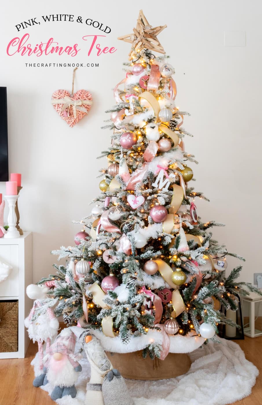 White, Pink And Gold Christmas Tree Decorations Feature Image with Title Text Overlay