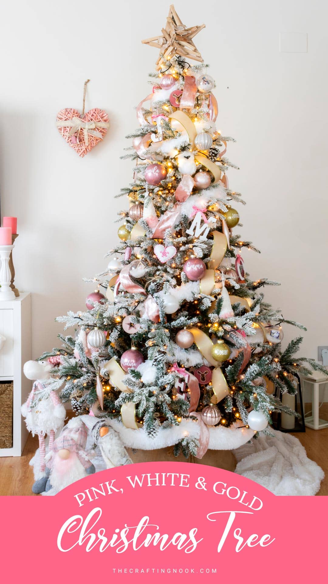 White, Pink And Gold Christmas Tree Decorations Pinterest Image with Title Text Overlay