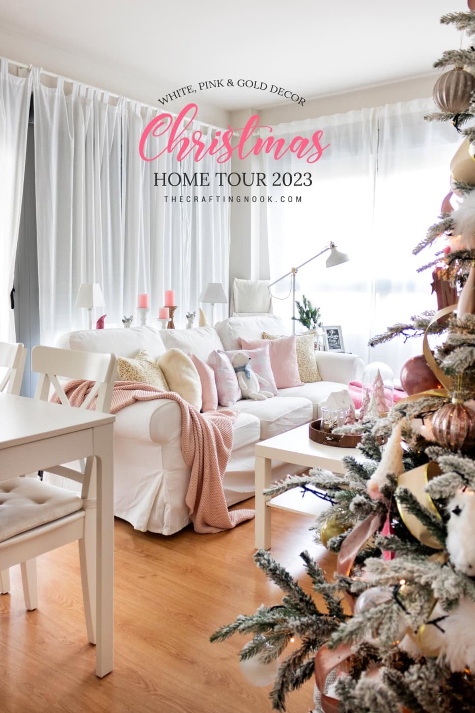 Pink And Gold Christmas Decor Home Tour. Feature Image with Title text overlay