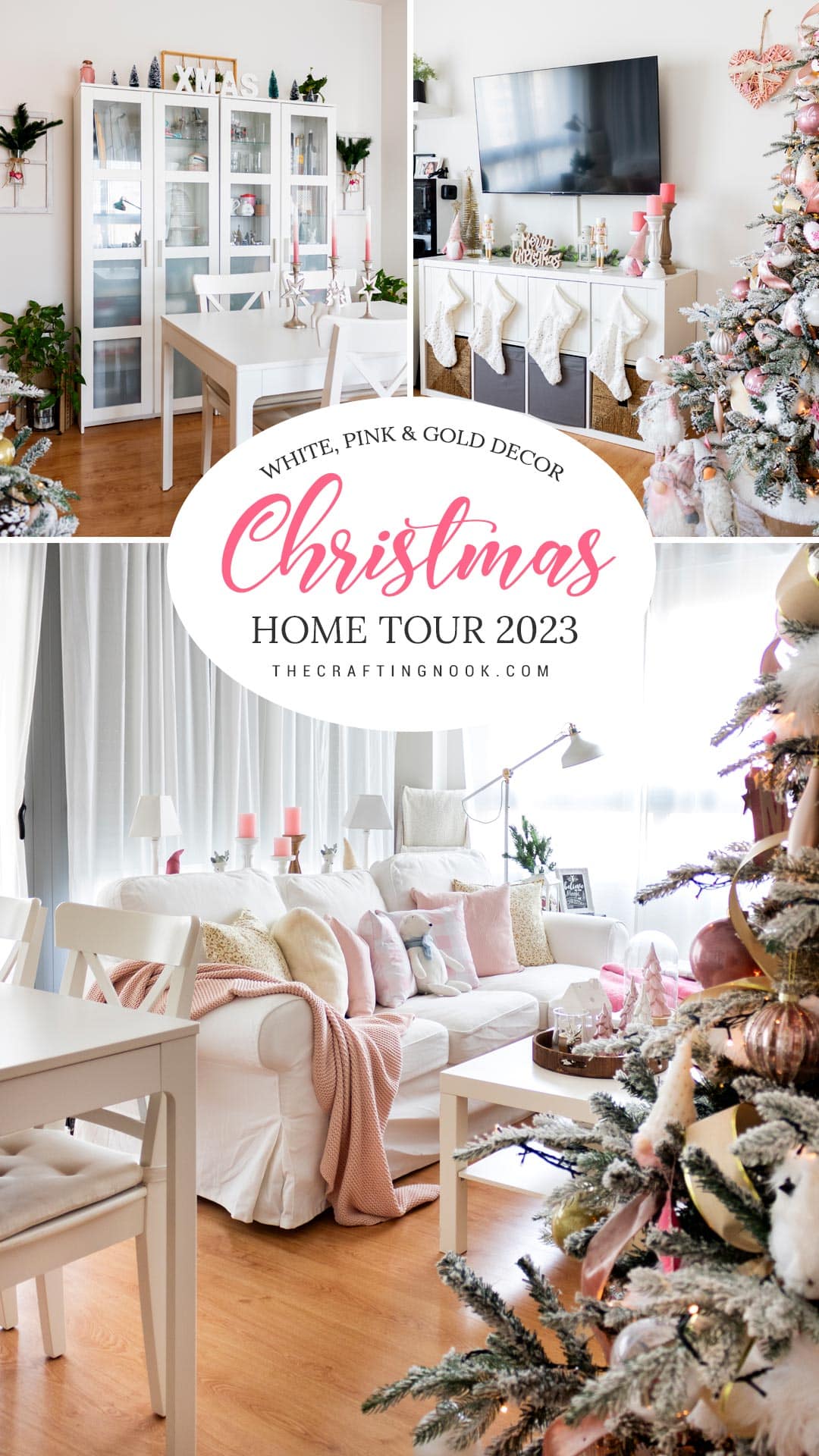 Pink And Gold Christmas Decor Home Tour. Pinterest Image with Title text overlay