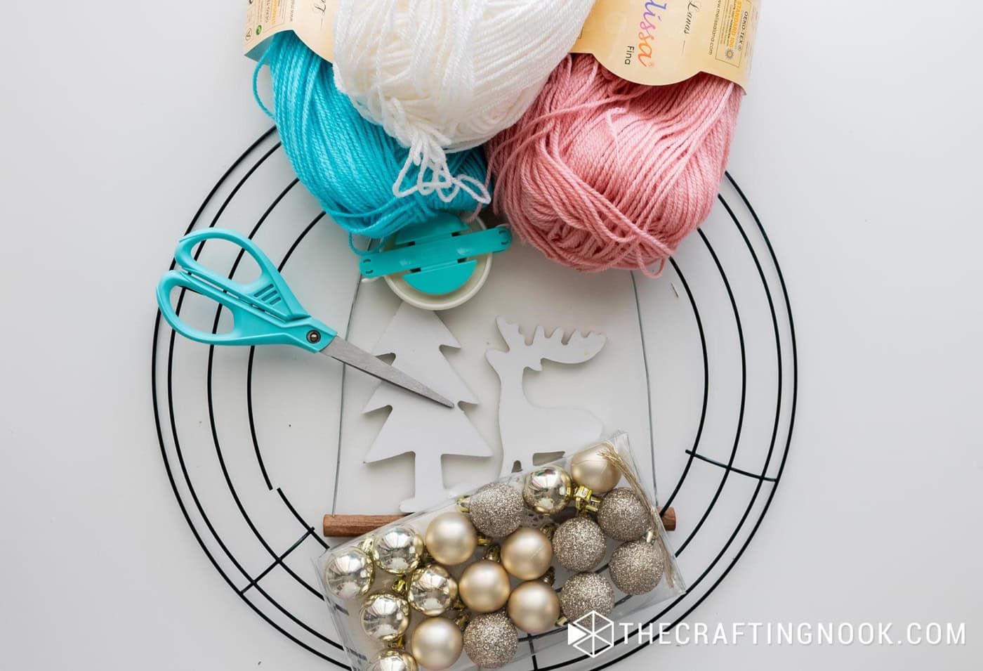 White, Pink and Blue Pompom Wreath supplies