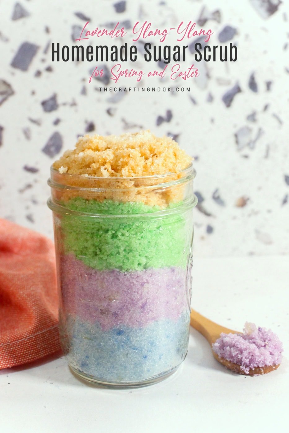 DIY Easy Sugar Scrub for Easter and Spring. layers of sugar scrub in different pastel colors, blue, purple, green and yellow. Cover image with title overlay