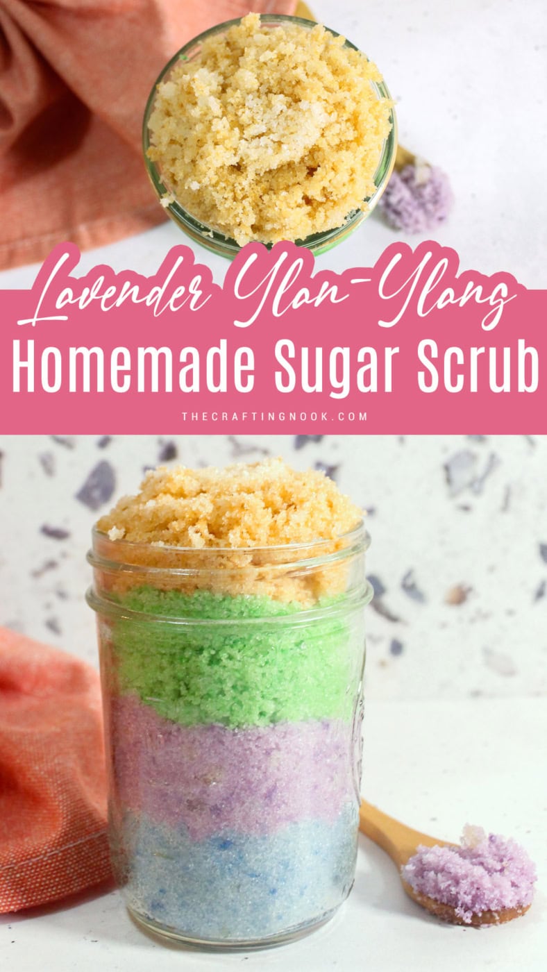 DIY Easy Sugar Scrub for Easter and Spring. layers of sugar scrub in different pastel colors, blue, purple, green and yellow. Pinterest image with title overlay