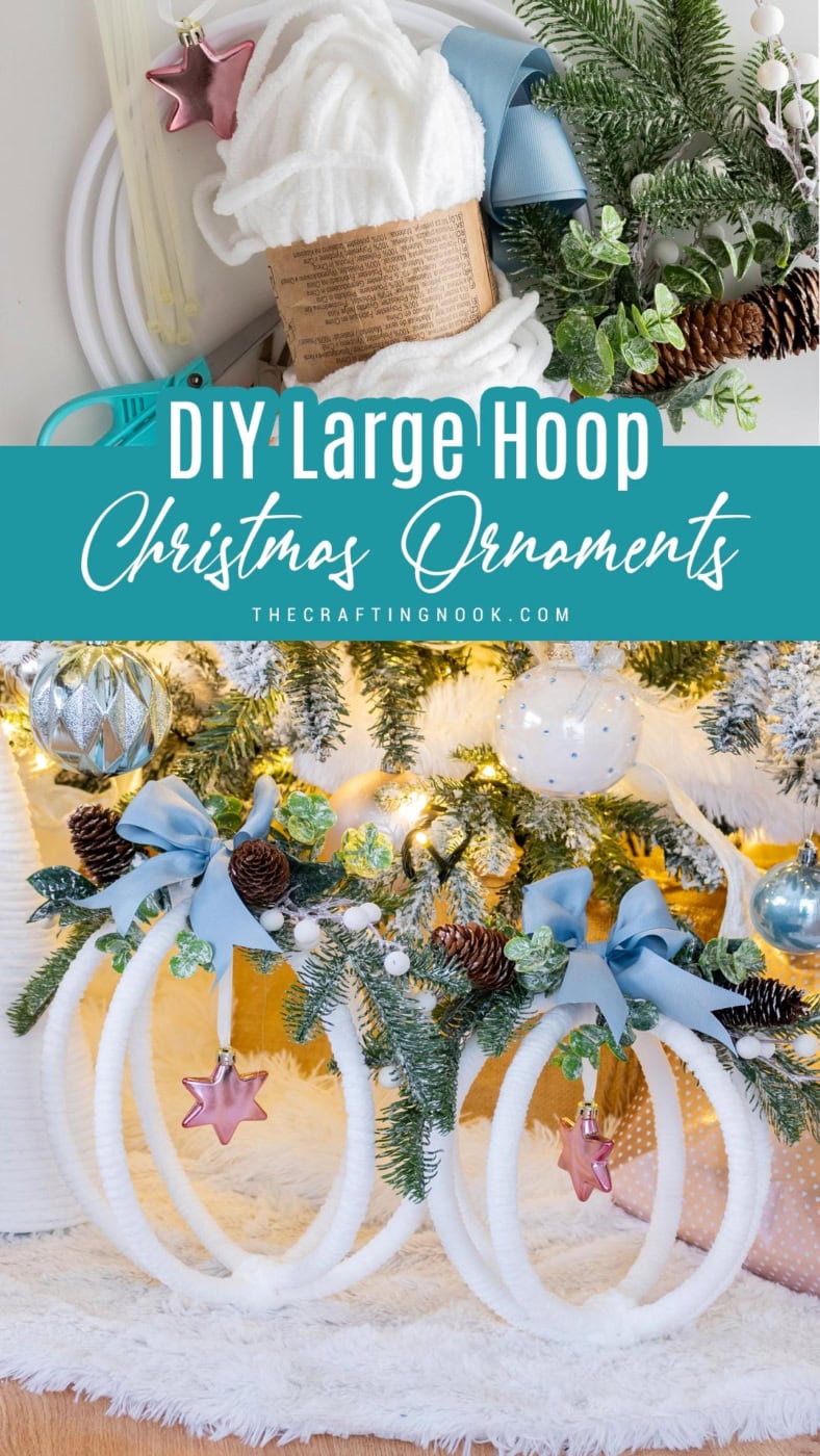 Two completed large hoop ornaments displayed under a Christmas tree decorated in whites, pinks, blues, and greenery. Pinterest Image with title overlay
