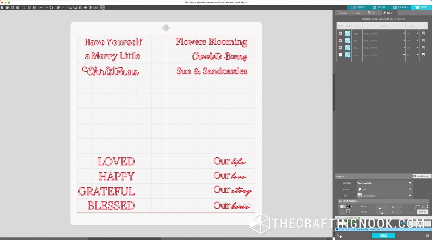 Vinyl phrases arranged on the cutting mat preview screen.