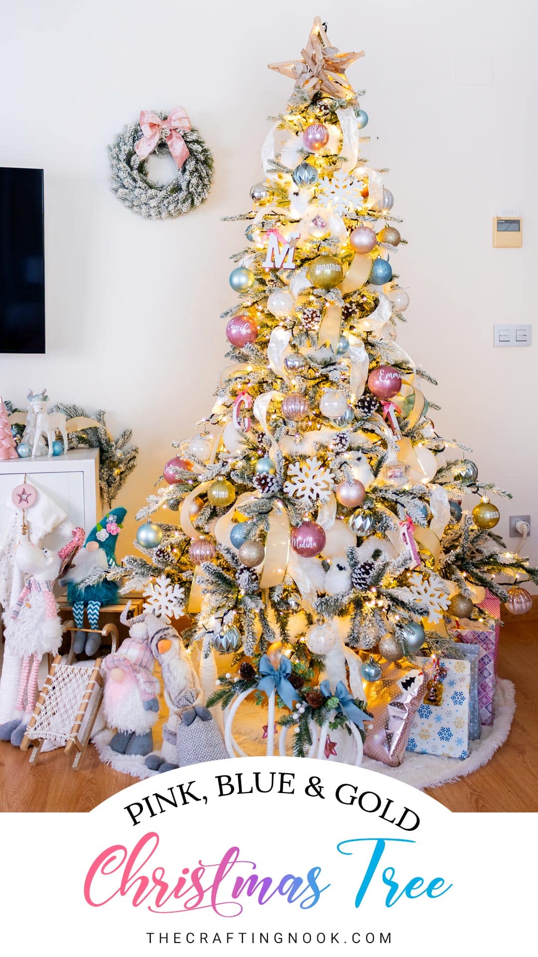 Flocked Christmas tree with pink, blue and gold ornaments, ribbon accents and handmade glitter baubles. Pinterest image with title overlay