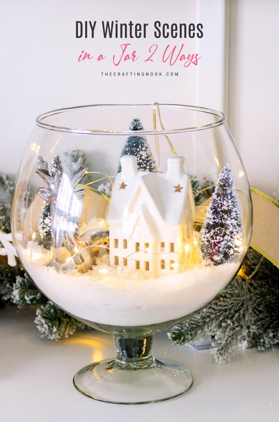 Finished winter scene in a glass vase displayed on a wooden surface with surrounding decor. Feature image with title text overlay