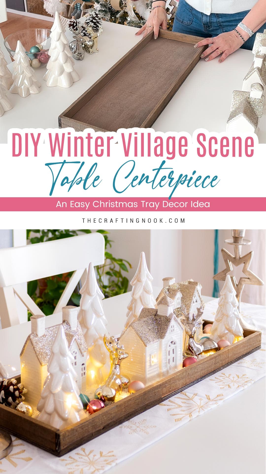 Side view of the winter village tray centerpiece with ceramic houses, trees, and fairy lights. Pinterest image with bottom title text overlay