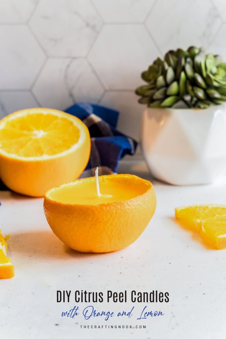 Citrus peel candles made from orange and lemon peels for DIY home decor.
