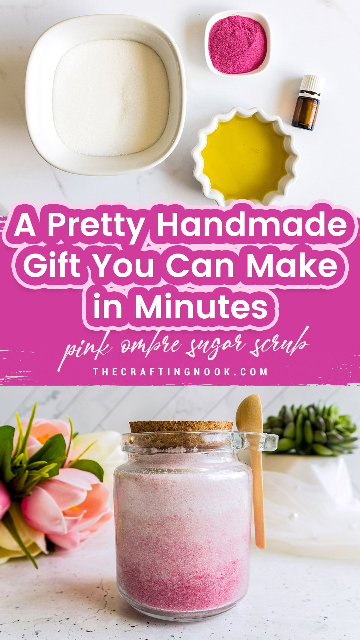 Homemade pink ombre body sugar scrub with natural ingredients.