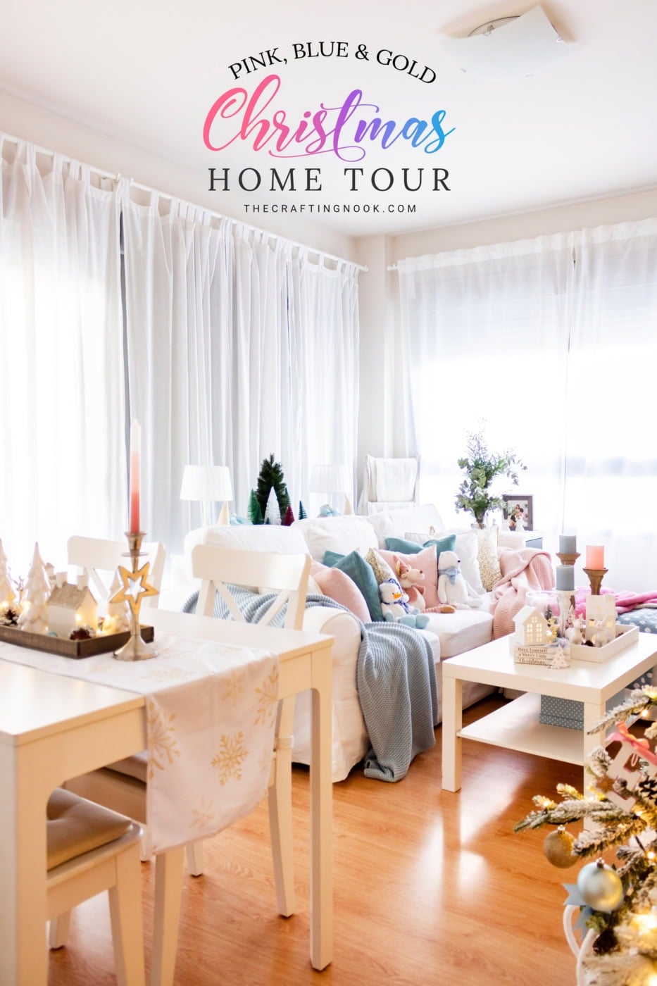 View from the dining table to the living room, with a pastel Christmas coffee table and sofa