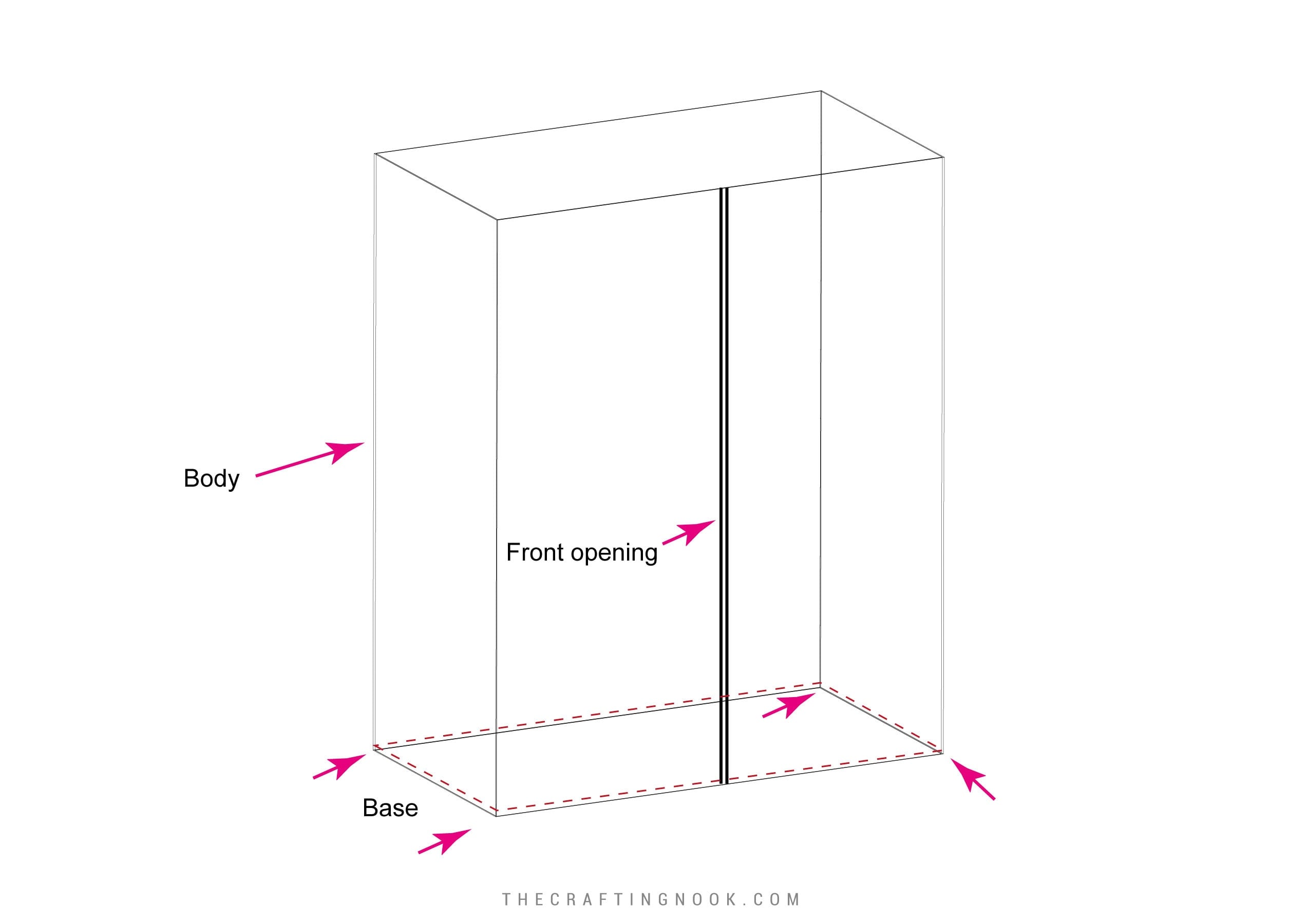 Diagram showing the diaper stacker body wrapped around the rectangular outer base with front opening centered
