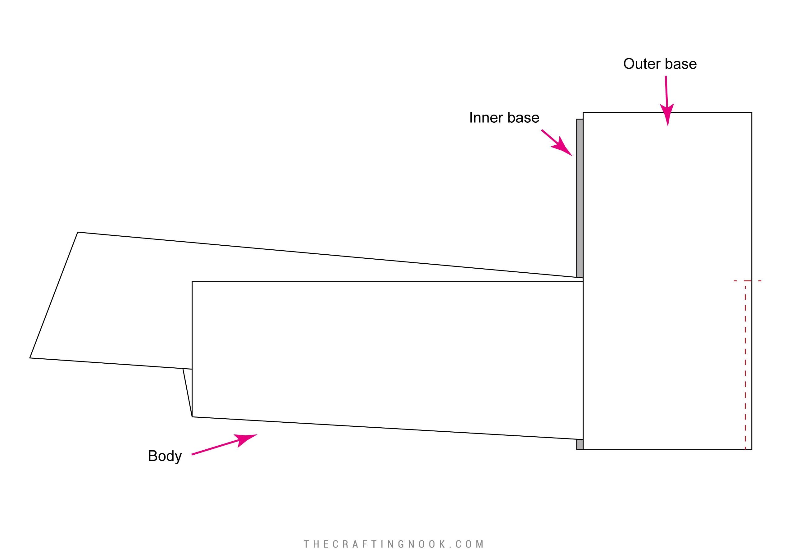 Diagram showing diaper stacker body positioned between the lining base and outer base before sewing
